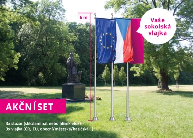 Výhodný set 3 stožárů s otočným ramenem, vlajky ČR, EU a sokolské vlajky.